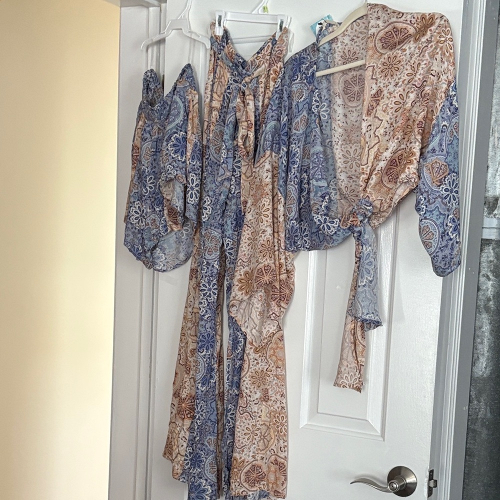 Boho Long Sleeve Maxi Dress in Blue & Tan